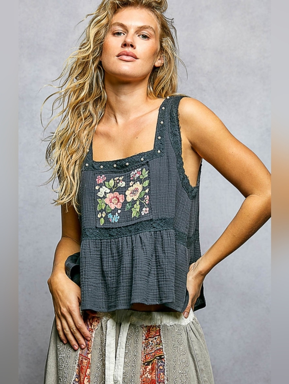 #1551 POL Midnight Wildflower Embroidered Heirloom Tank